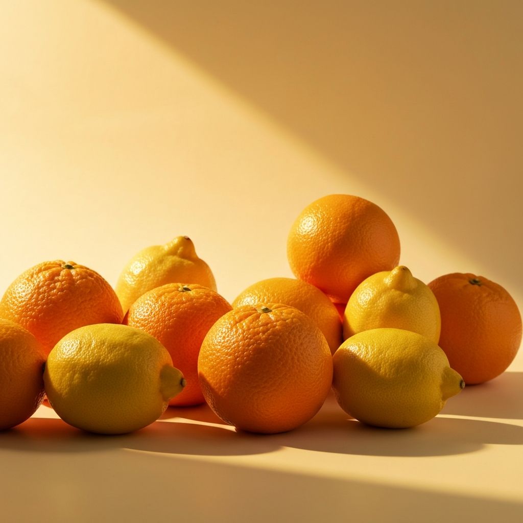 Frutas cítricas frescas en luz dorada